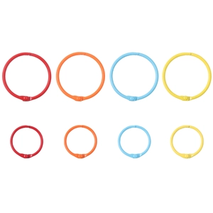 Set of colorful metal binder rings in red, orange, blue, and yellow for DIY projects