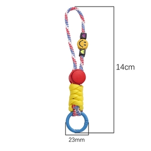 Handmade woven polyester keychain with smiley face and heart beads, 14cm total length