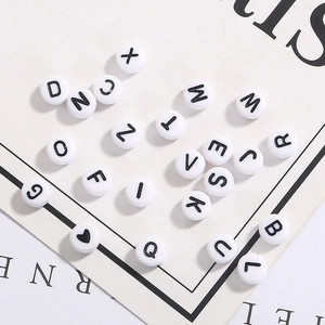 DIY 4x7mm white flat round acrylic alphabet beads with black letters and heart patterns