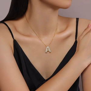 Classic 18K gold plated 925 silver letter A pendant necklace with sparkling pavé stones