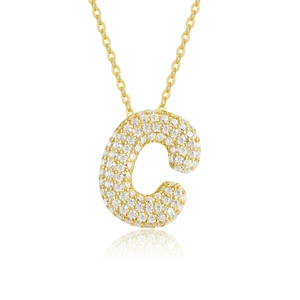 Detailed view of a 925 silver 18k gold plated letter C necklace with moissanite pavé stones