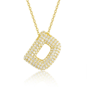 Detail view of gold letter D pendant with sparkling moissanite pavé stones on chain