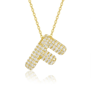 Close-up of a 925 sterling silver letter F pendant with pave moissanite stones