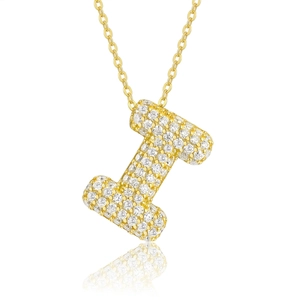 Close-up of letter I pendant with pavé-set moissanite in 18K gold plated silver