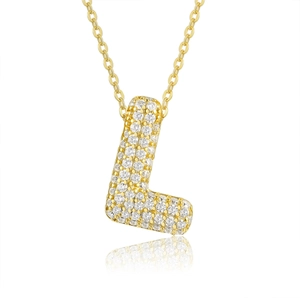Detailed view of an 18K gold plated letter L pendant necklace with pave-set moissanite