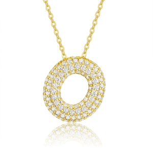 Macro shot of gold plated 925 silver letter O pendant with sparkling moissanite stones