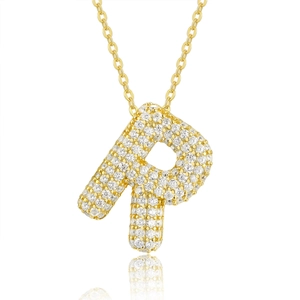 Detailed macro view of 18K gold plated letter P pendant with sparkling pavé moissanite