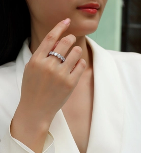 Elegant S925 sterling silver eternity ring featuring brilliant moissanite stones on model