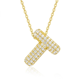 Detail of 18K gold plated letter T pendant with Moissanite stones on O-chain necklace