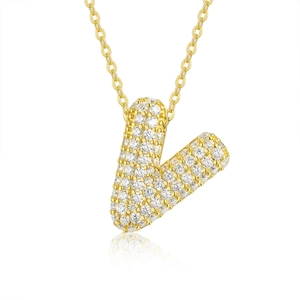 Detailed view of the 18K gold-plated letter V pendant with sparkling moissanite stones