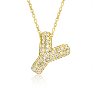 Detailed macro of 925 silver 18K gold letter Y pendant necklace with moissanite pavé
