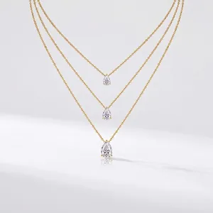 S925 Sterling Silver Moissanite Pendant Necklace Elegant Pear Shape Water Drop Triple Layer Stackable Jewelry For Women Gift
