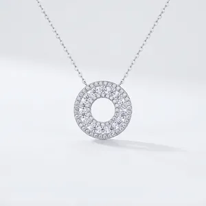 Collier Pendentif Halo en Argent Sterling 925 Moissanite Rond Cercle Couleur D Bijoux Fins pour Femmes Cadeau d'Anniversaire Fête