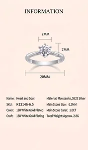 Detailed S925 sterling silver ring specifications with 1.0CT lab diamond size guide