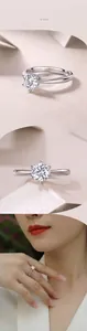 Detailed view of S925 sterling silver six-prong ring with round brilliant-cut gemstone