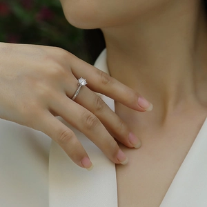 Detailed close-up of a classic six-prong S925 sterling silver ring on a finger