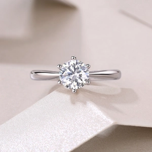 Macro shot of 925 silver ring featuring a six-prong crown set lab diamond solitaire