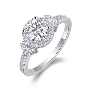 Anillo halo de plata S925 con diamante redondo brillante y detalles de banda geométricos