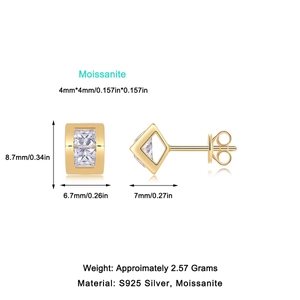 S925 Sterling Silber Gold Ohrstecker mit quadratischem Moissanit und Größenabmessungen