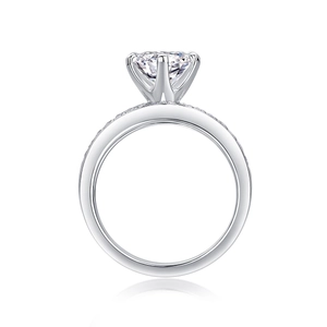 Macro shot of a classic six-prong brilliant cut moissanite ring in S925 sterling silver