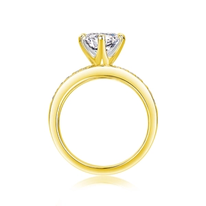 Macro detail of S925 silver moissanite ring with four-prong setting and pavé side stones