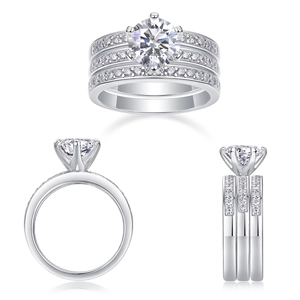 Detailed close-up showing three stacked S925 silver rings with moissanite in three angles