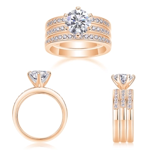 Detail view of S925 sterling silver three-piece ring set in rose gold with moissanite stones