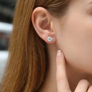 Detailed view of S925 silver six-prong stud earring featuring a sparkling round-cut stone