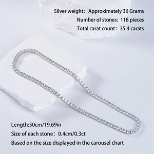 Details einer 50cm S925 Silber Tennis-Halskette mit 118 Moissanit-Steinen und Spezifikationen