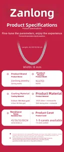 Detailed spec sheet showing S925 sterling silver Cuban link necklace with Moissanite stones
