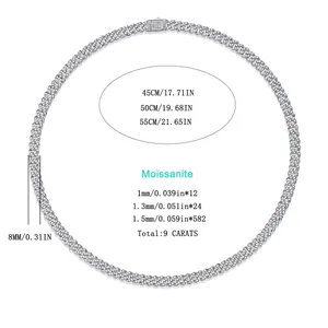 Detailed size guide for 8mm silver Cuban link necklace with moissanite specifications