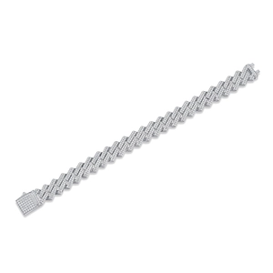 Macro detail of S925 sterling silver Cuban link bracelet with pave moissanite stones