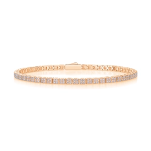 Close-up of rose gold tennis bracelet featuring double-row square links with secure clasp