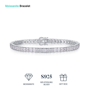 S925 sterling silver moissanite tennis bracelet with princess cut stones and gift box