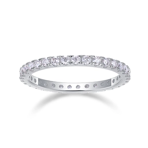 Macro detail of S925 sterling silver eternity ring featuring full circle moissanite stones