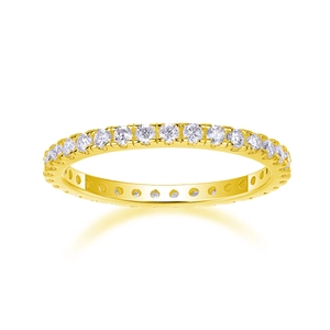 Detailed view of an eternity ring with full pavé round stones in gold-plated silver