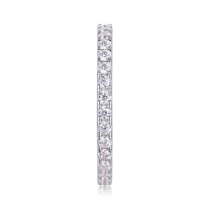 Macro side view of S925 sterling silver eternity ring with round brilliant moissanite gems