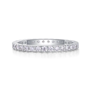 Macro shot of S925 sterling silver eternity band featuring round-cut moissanite stones