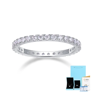 Close-up of S925 sterling silver moissanite eternity ring with GRA certificate and gift box