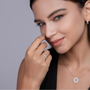 Elegant S925 sterling silver jewelry set featuring moissanite ring, necklace and earrings