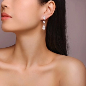 Elegant S925 sterling silver long drop earrings with pear and round moissanite gemstones