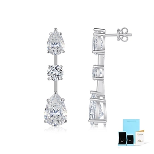 Three-stone pear and round cut moissanite drop earrings in S925 sterling silver settings