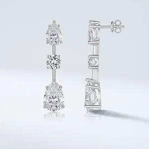 Elegant S925 Sterling Silver Moissanite Drop Earrings For Women Light Luxury Three Stone Pear Shape Round Cut Dangle Jewelry