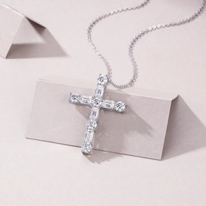 925 Sterling Silver Moissanite Cross Pendant Necklace with 18K White Gold Plated Finish