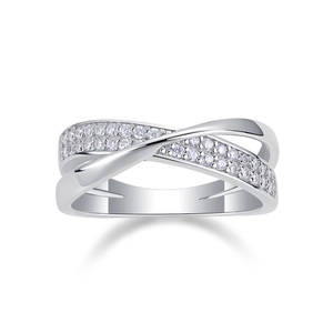 Detail of silver criss-cross ring featuring layered bands and micro-pave zirconia stones