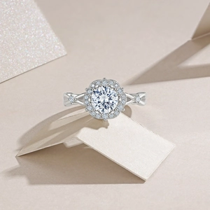 Elegant 925 silver moissanite halo ring with unique interlaced band design