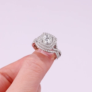 925 Sterling Silver Moissanite Ring with sparkling halo and twisted pave band for women