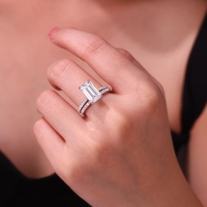 Luxury emerald cut moissanite ring with double-row micro-pave band in S925 silver