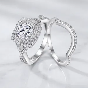 Luxurious Silver Double Halo Moissanite Bridal Ring Set With Twist Shank Sparkling Stackable Wedding Jewelry For Women Engagement Gift