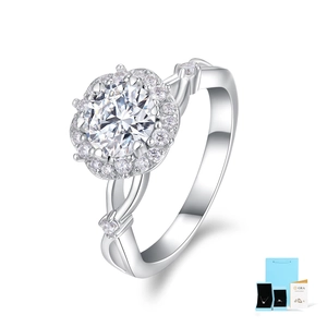 Close-up of 1 carat moissanite ring with luxury gift box and GRA certificate